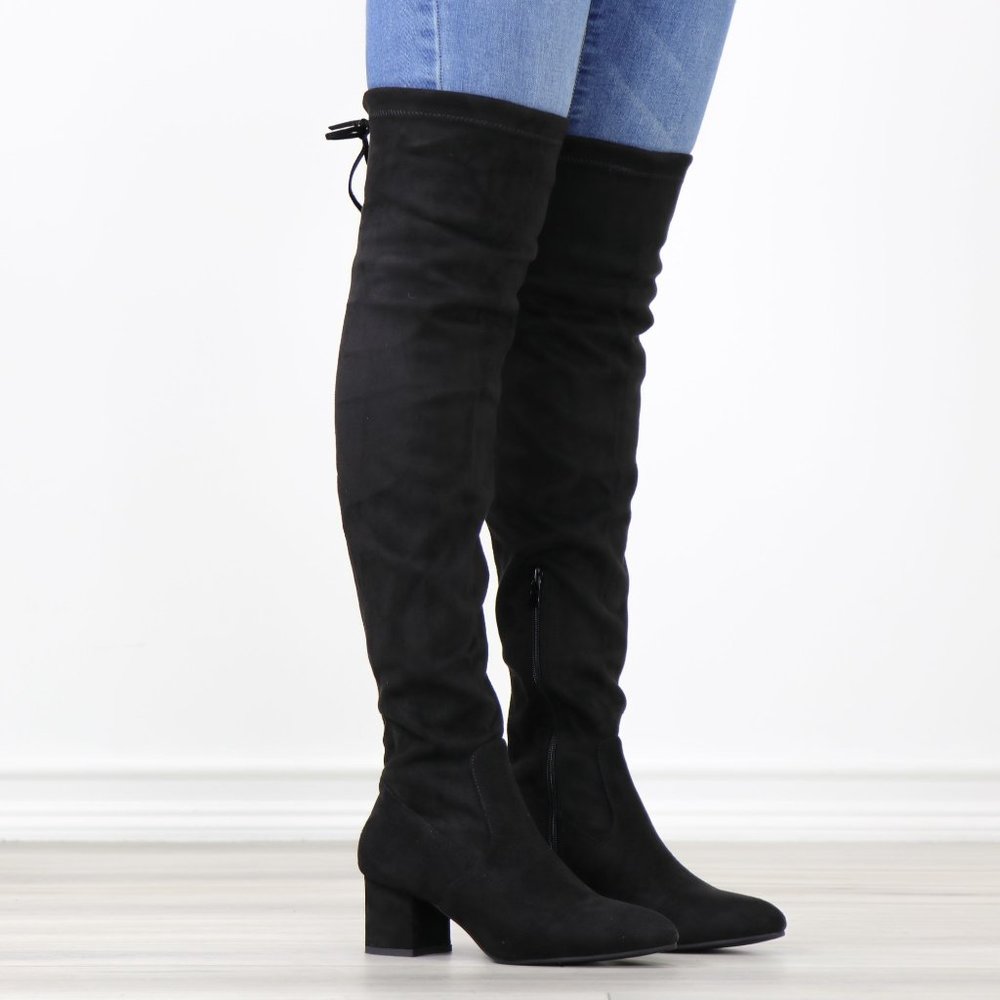 Black Faux Suede Pointy Toe Thigh High Over The Knee Low Block Heel Boots_8